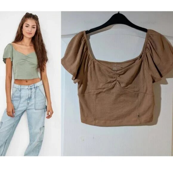 NEW AE | Ribbed Cinch-Front Flutter Sleeve Tee - Picture 1 of 8